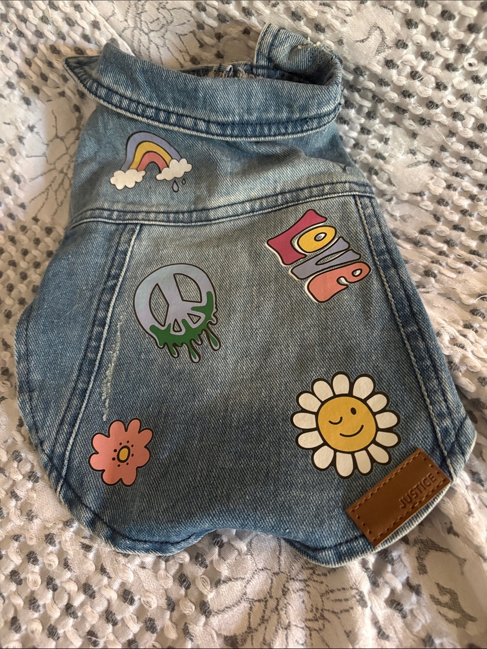 New Justice Light Blue Denim dog/cat vest with Rainbow, Daisy Love' Patches XS